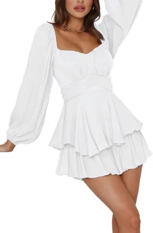 Boho off Shoulder Rompers for Women Dressy Lantern Long Sleeve Ruffle layer Back Tie Mini Shorts Jumpsuit