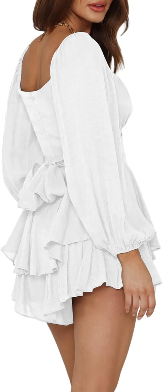 Boho off Shoulder Rompers for Women Dressy Lantern Long Sleeve Ruffle layer Back Tie Mini Shorts Jumpsuit