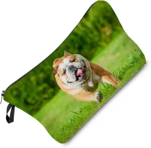 British Bulldog Makeup Bag Puppy Organizer Zipper Pouch British Bulldog Running On The Grass Cosmetic Bag Present for Dog Lovers Dog Mom Women