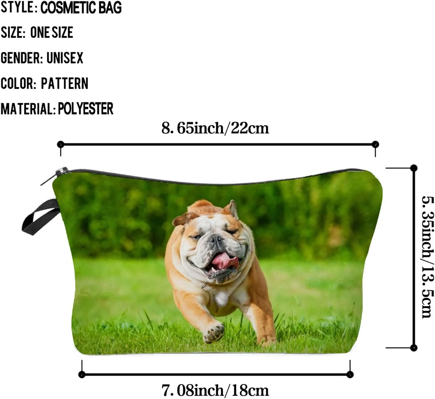 British Bulldog Makeup Bag Puppy Organizer Zipper Pouch British Bulldog Running On The Grass Cosmetic Bag Present for Dog Lovers Dog Mom Women