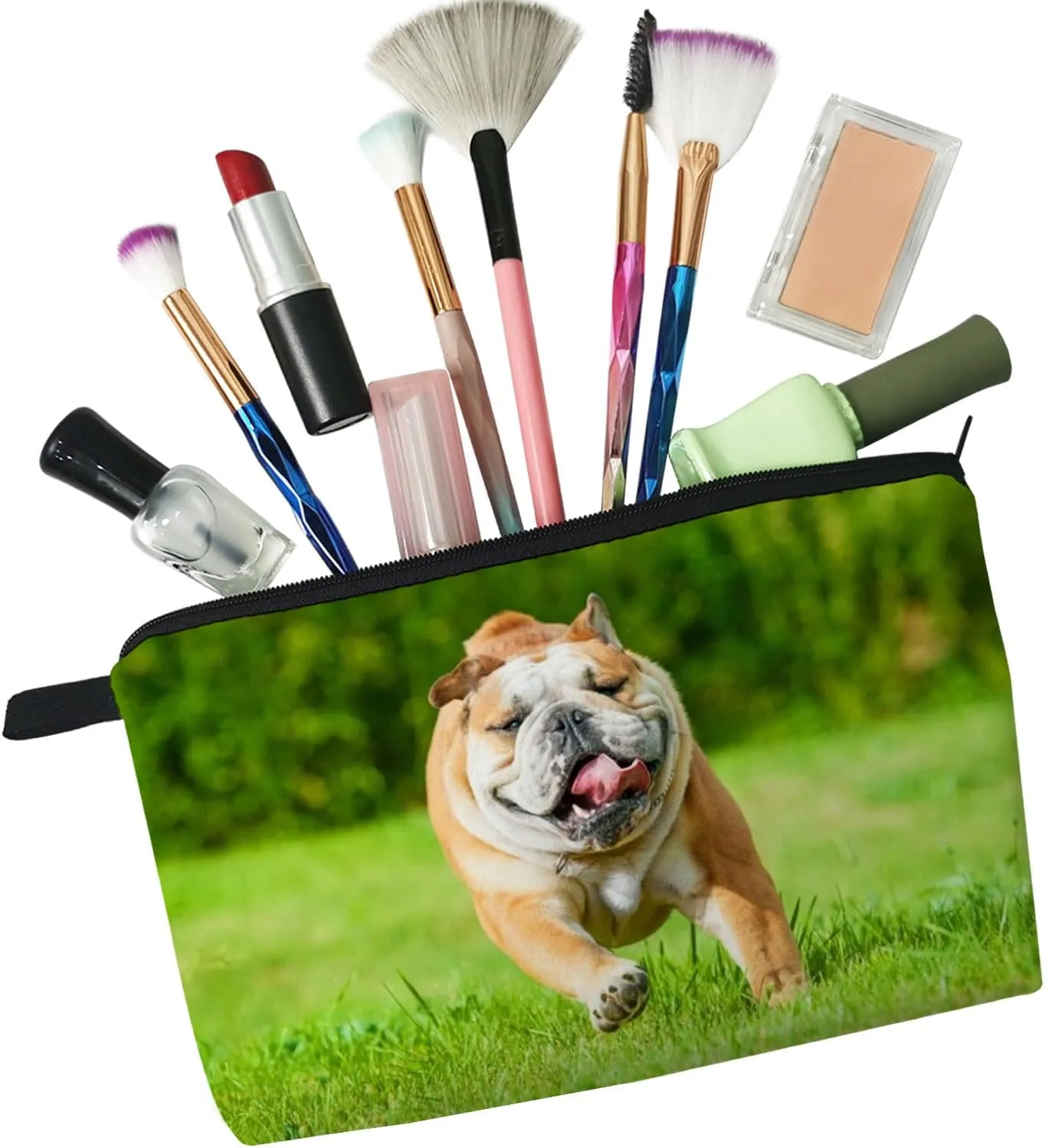 British Bulldog Makeup Bag Puppy Organizer Zipper Pouch British Bulldog Running On The Grass Cosmetic Bag Present for Dog Lovers Dog Mom Women