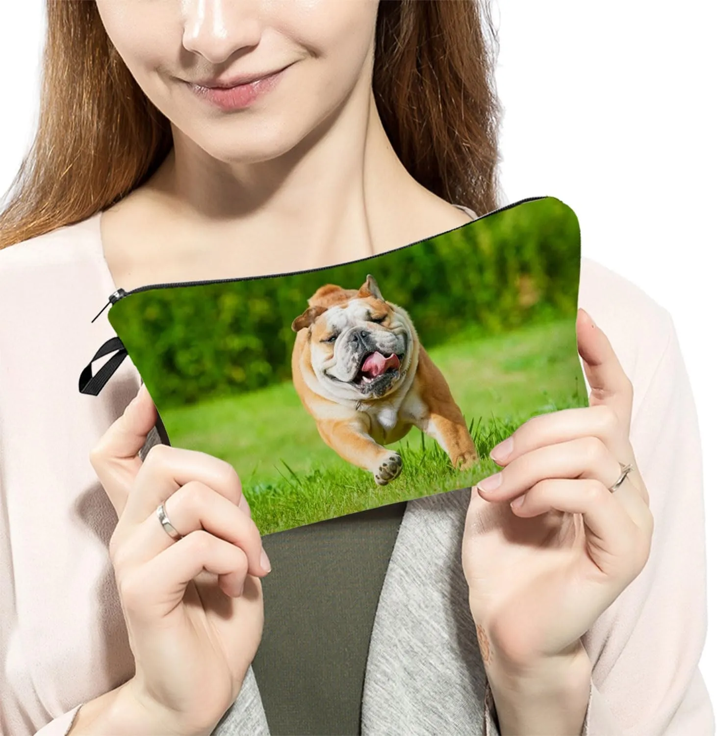 British Bulldog Makeup Bag Puppy Organizer Zipper Pouch British Bulldog Running On The Grass Cosmetic Bag Present for Dog Lovers Dog Mom Women