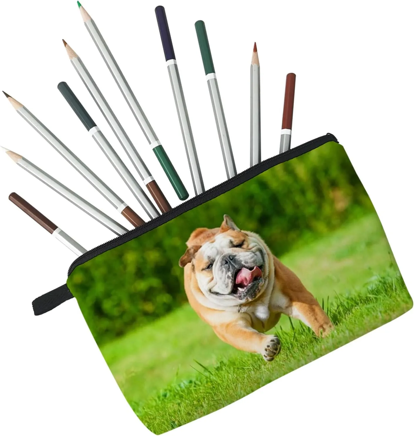 British Bulldog Makeup Bag Puppy Organizer Zipper Pouch British Bulldog Running On The Grass Cosmetic Bag Present for Dog Lovers Dog Mom Women