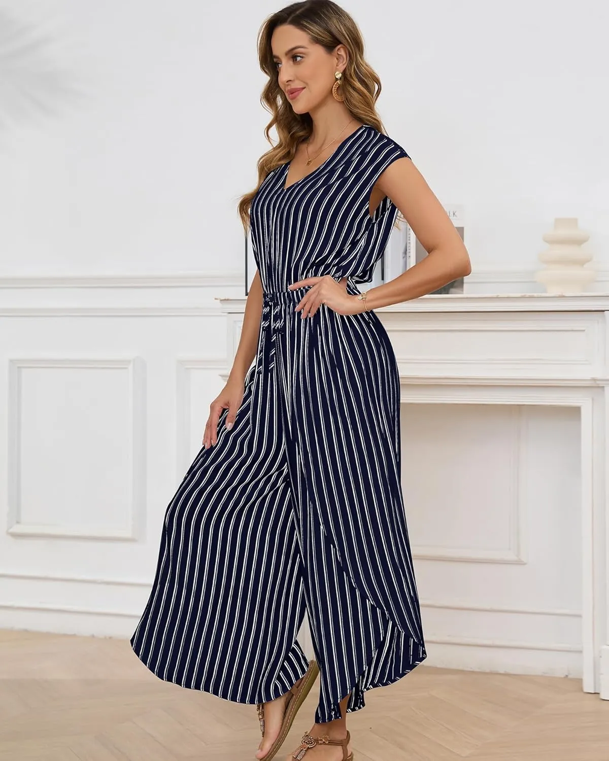 Bsubseach 2025 Summer Jumpsuits for Women V Neck Elastic Waist Overalls Wide Leg Romper Beach Vacation Outfits