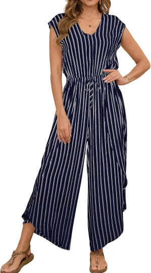 Bsubseach 2025 Summer Jumpsuits for Women V Neck Elastic Waist Overalls Wide Leg Romper Beach Vacation Outfits