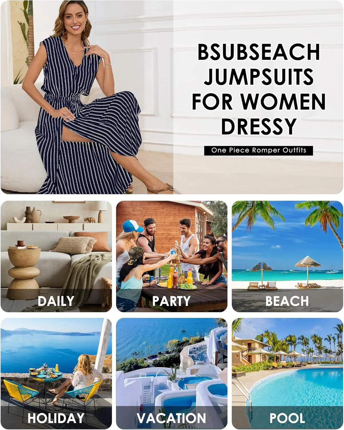 Bsubseach 2025 Summer Jumpsuits for Women V Neck Elastic Waist Overalls Wide Leg Romper Beach Vacation Outfits