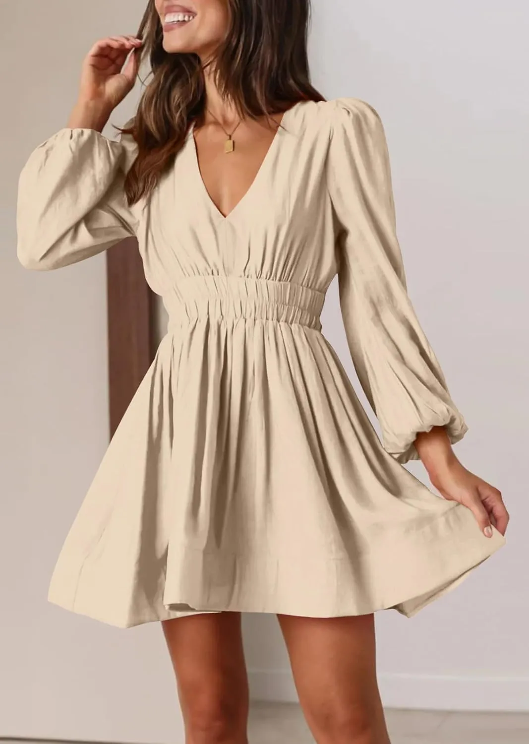 BWQ Women Mini Dress Long Sleeve Deep V Sexy Dress A-line Elastic High Waisted Flowy Dress