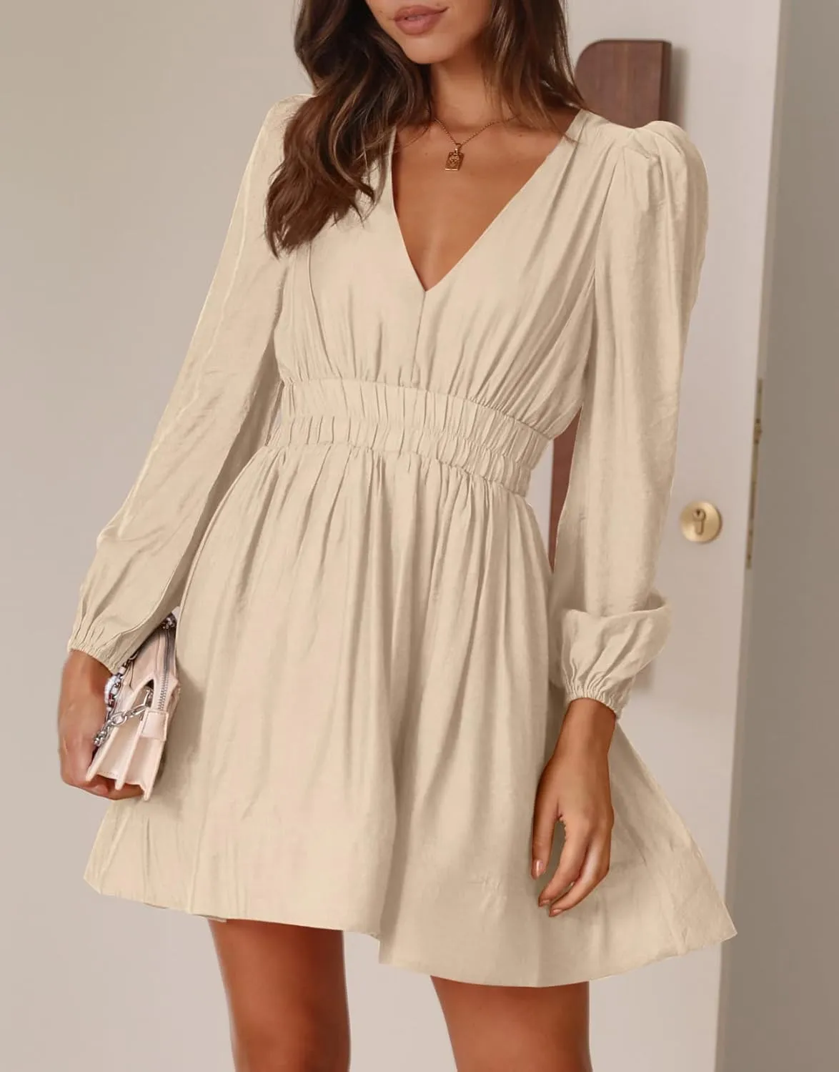 BWQ Women Mini Dress Long Sleeve Deep V Sexy Dress A-line Elastic High Waisted Flowy Dress