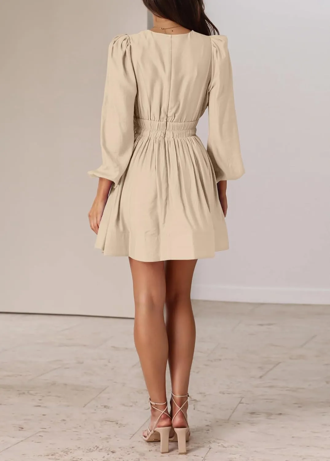 BWQ Women Mini Dress Long Sleeve Deep V Sexy Dress A-line Elastic High Waisted Flowy Dress