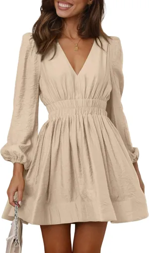 BWQ Women Mini Dress Long Sleeve Deep V Sexy Dress A-line Elastic High Waisted Flowy Dress