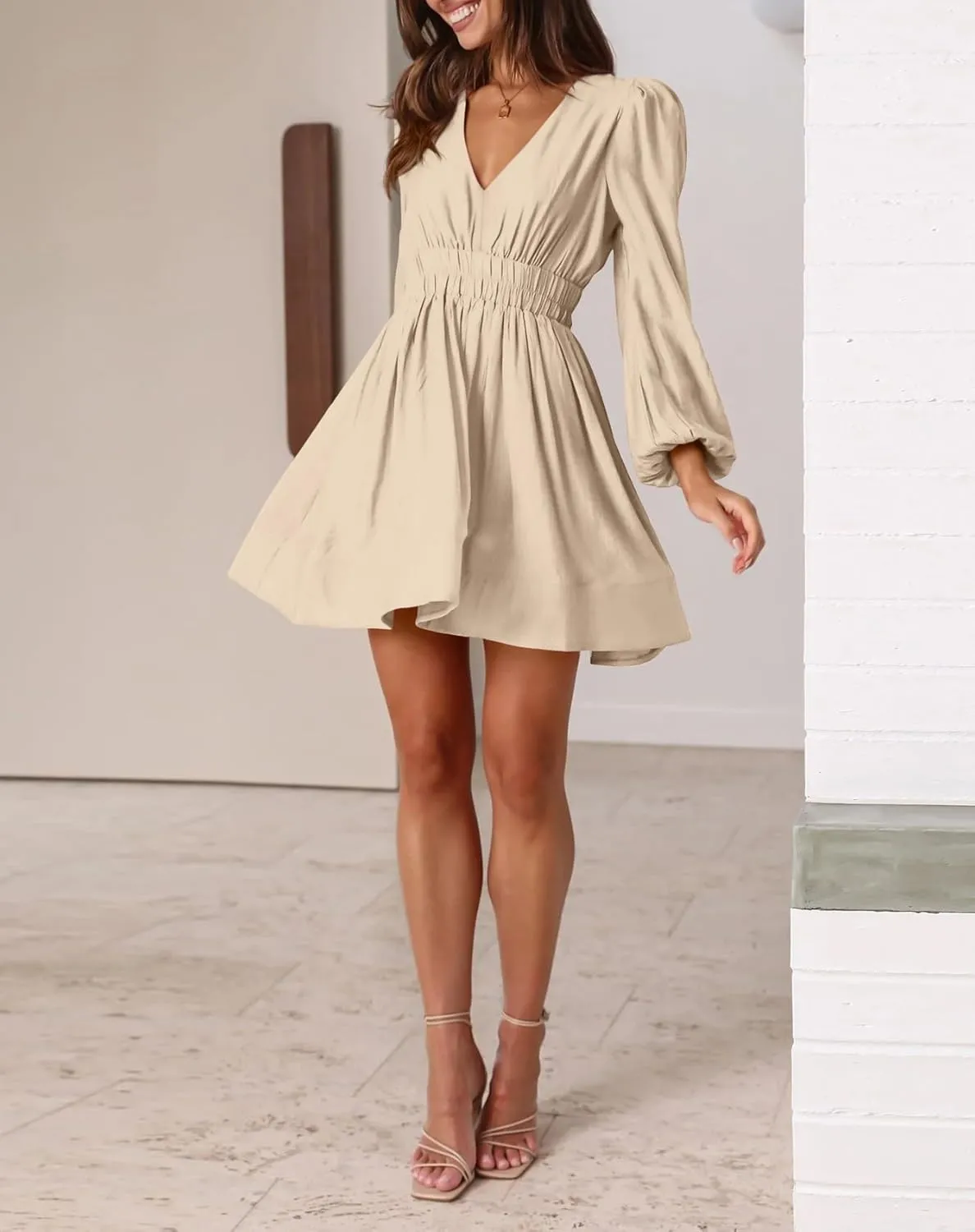 BWQ Women Mini Dress Long Sleeve Deep V Sexy Dress A-line Elastic High Waisted Flowy Dress