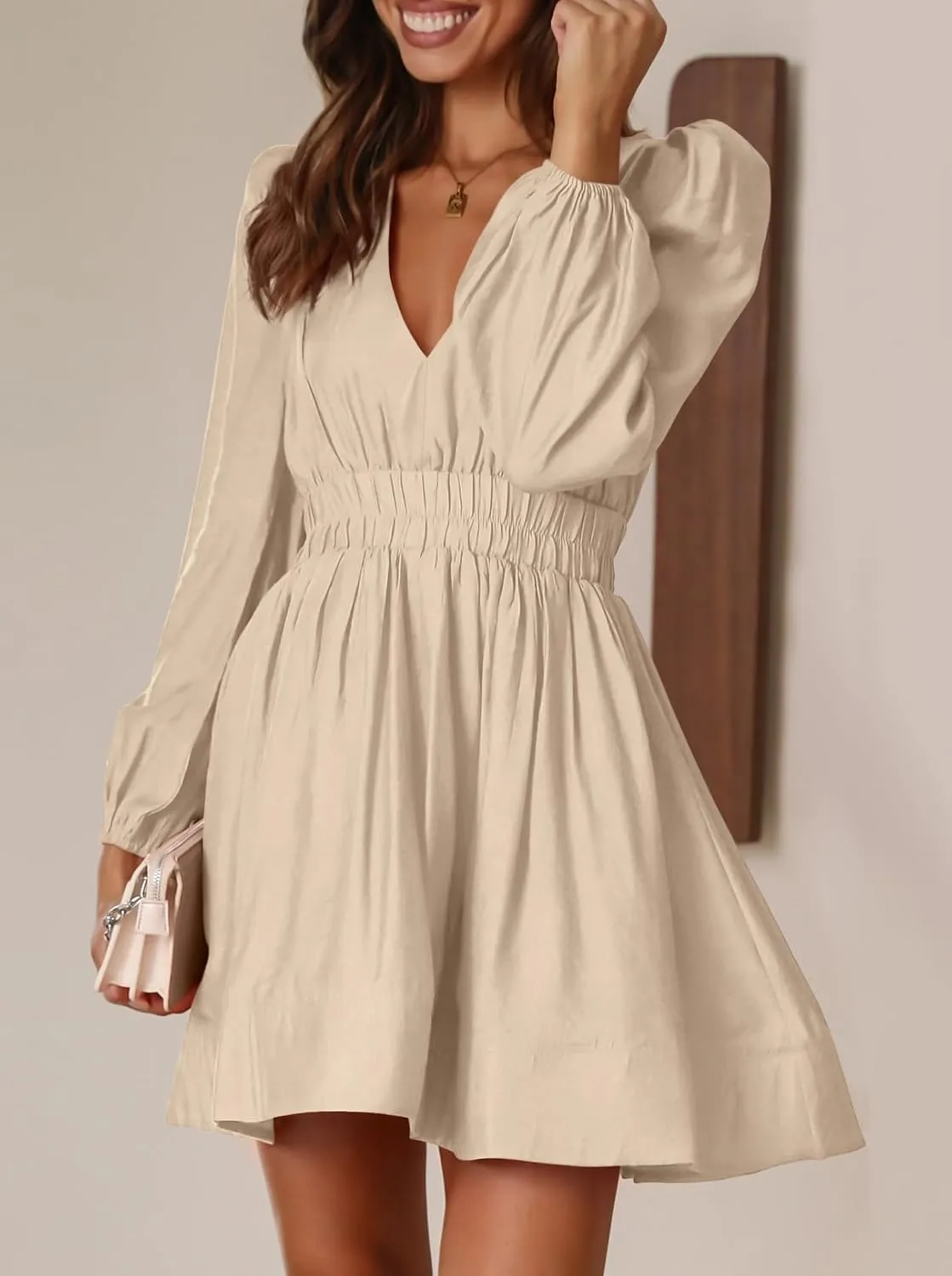 BWQ Women Mini Dress Long Sleeve Deep V Sexy Dress A-line Elastic High Waisted Flowy Dress
