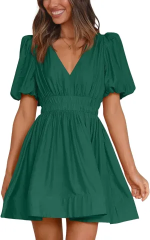 BWQ Women Mini Dress Short Puff Sleeve Sexy V Neck Dress A-line Elastic High Waisted Casual Flowy Summer Dresses