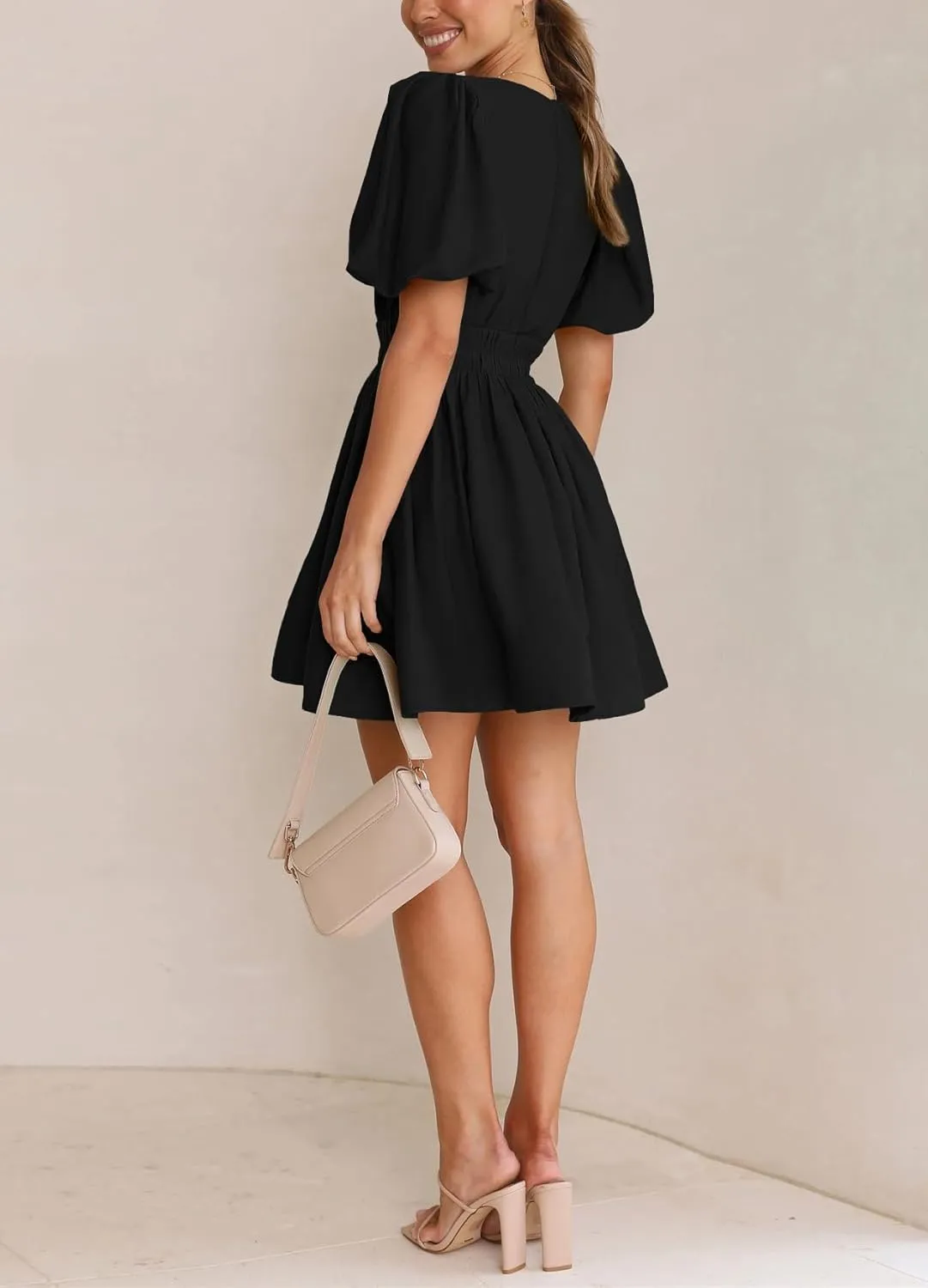 BWQ Women Mini Dress Short Puff Sleeve Sexy V Neck Dress A-line Elastic High Waisted Casual Flowy Summer Dresses