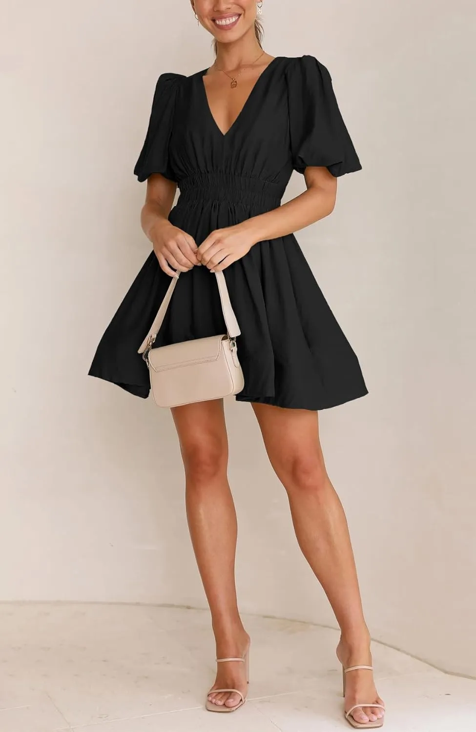 BWQ Women Mini Dress Short Puff Sleeve Sexy V Neck Dress A-line Elastic High Waisted Casual Flowy Summer Dresses