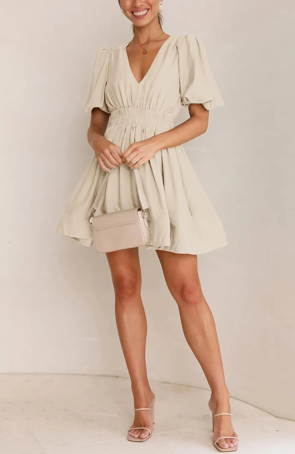 BWQ Women Mini Dress Short Puff Sleeve Sexy V Neck Dress A-line Elastic High Waisted Casual Flowy Summer Dresses