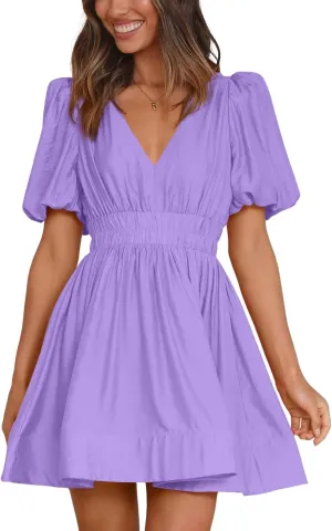BWQ Women Mini Dress Short Puff Sleeve Sexy V Neck Dress A-line Elastic High Waisted Casual Flowy Summer Dresses