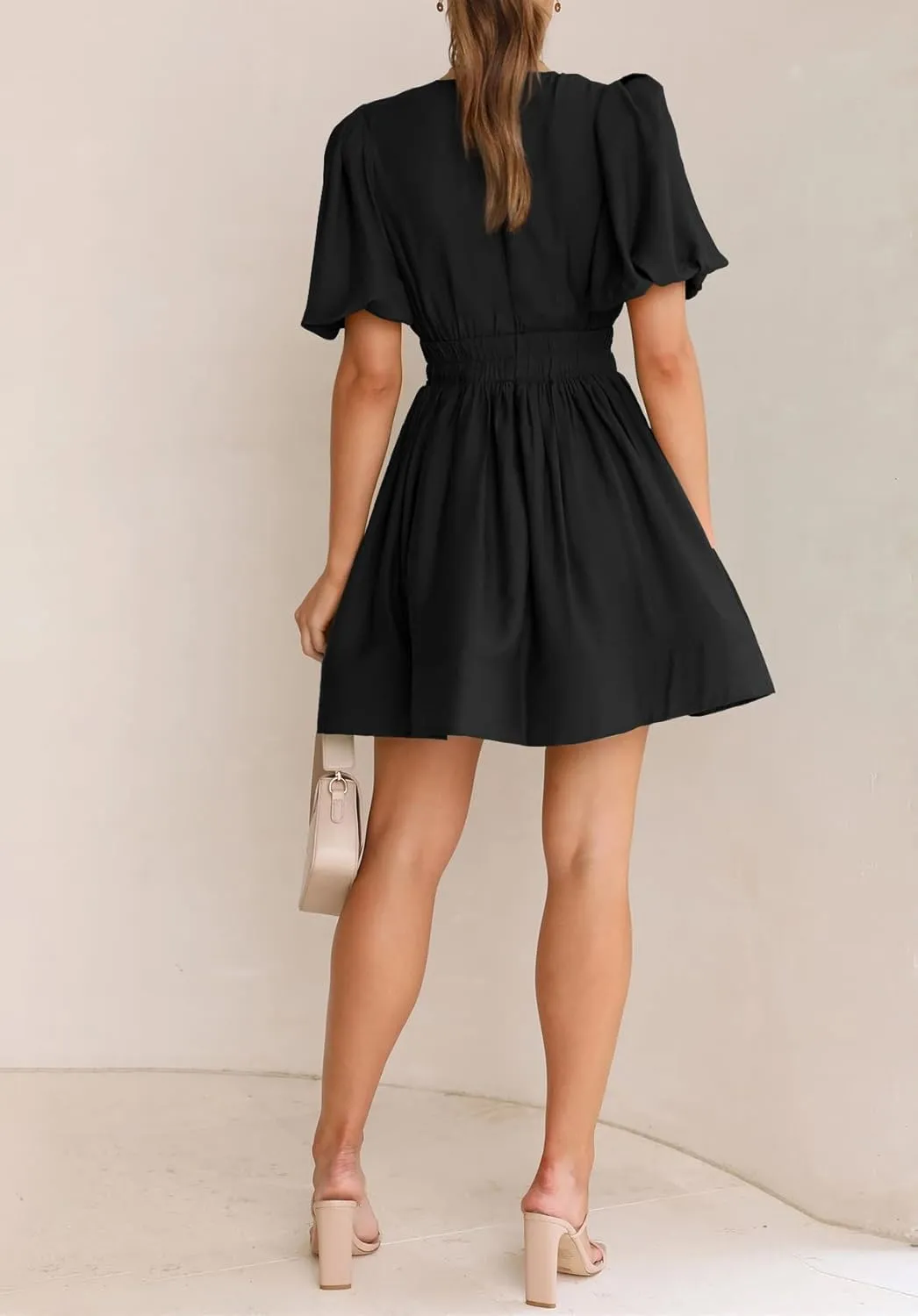 BWQ Women Mini Dress Short Puff Sleeve Sexy V Neck Dress A-line Elastic High Waisted Casual Flowy Summer Dresses