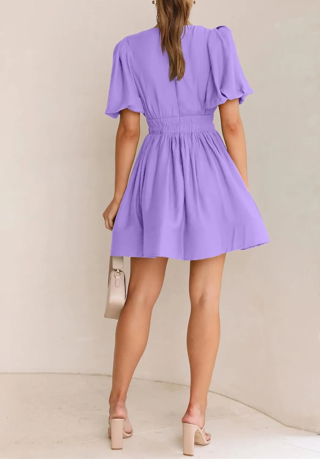 BWQ Women Mini Dress Short Puff Sleeve Sexy V Neck Dress A-line Elastic High Waisted Casual Flowy Summer Dresses