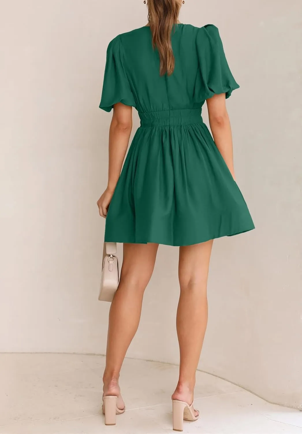 BWQ Women Mini Dress Short Puff Sleeve Sexy V Neck Dress A-line Elastic High Waisted Casual Flowy Summer Dresses