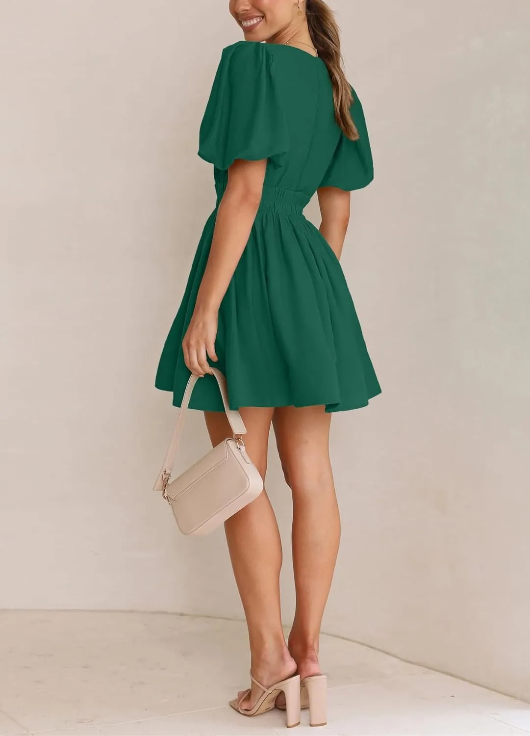 BWQ Women Mini Dress Short Puff Sleeve Sexy V Neck Dress A-line Elastic High Waisted Casual Flowy Summer Dresses
