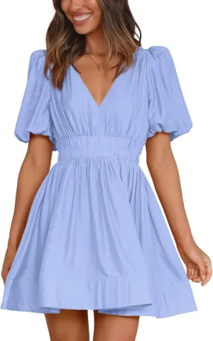 BWQ Women Mini Dress Short Puff Sleeve Sexy V Neck Dress A-line Elastic High Waisted Casual Flowy Summer Dresses