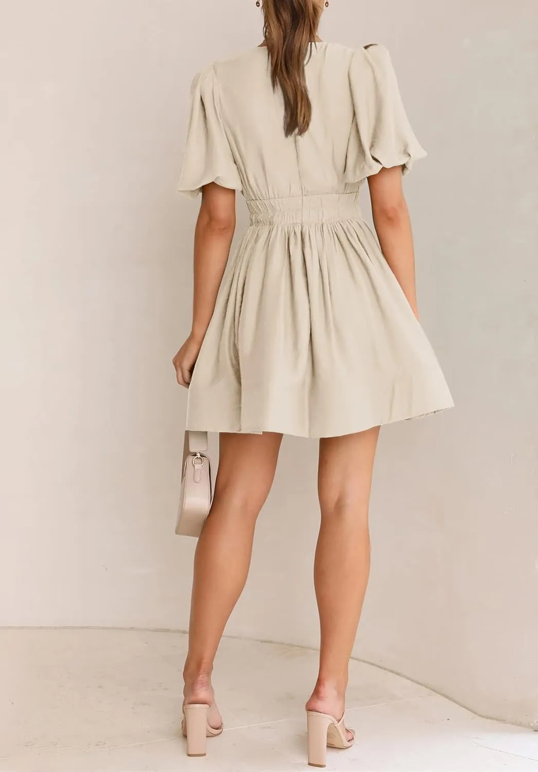 BWQ Women Mini Dress Short Puff Sleeve Sexy V Neck Dress A-line Elastic High Waisted Casual Flowy Summer Dresses