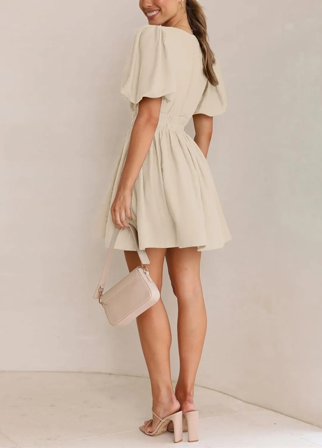 BWQ Women Mini Dress Short Puff Sleeve Sexy V Neck Dress A-line Elastic High Waisted Casual Flowy Summer Dresses