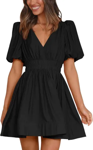BWQ Women Mini Dress Short Puff Sleeve Sexy V Neck Dress A-line Elastic High Waisted Casual Flowy Summer Dresses