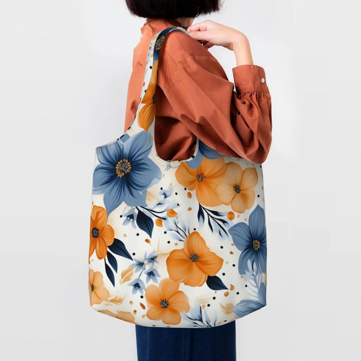 Canvas Tote Bag Reusable Grocery Bags Lightweight Handbag Blue and Orange Flowers Tote Bag for Shopping Cloth Bags