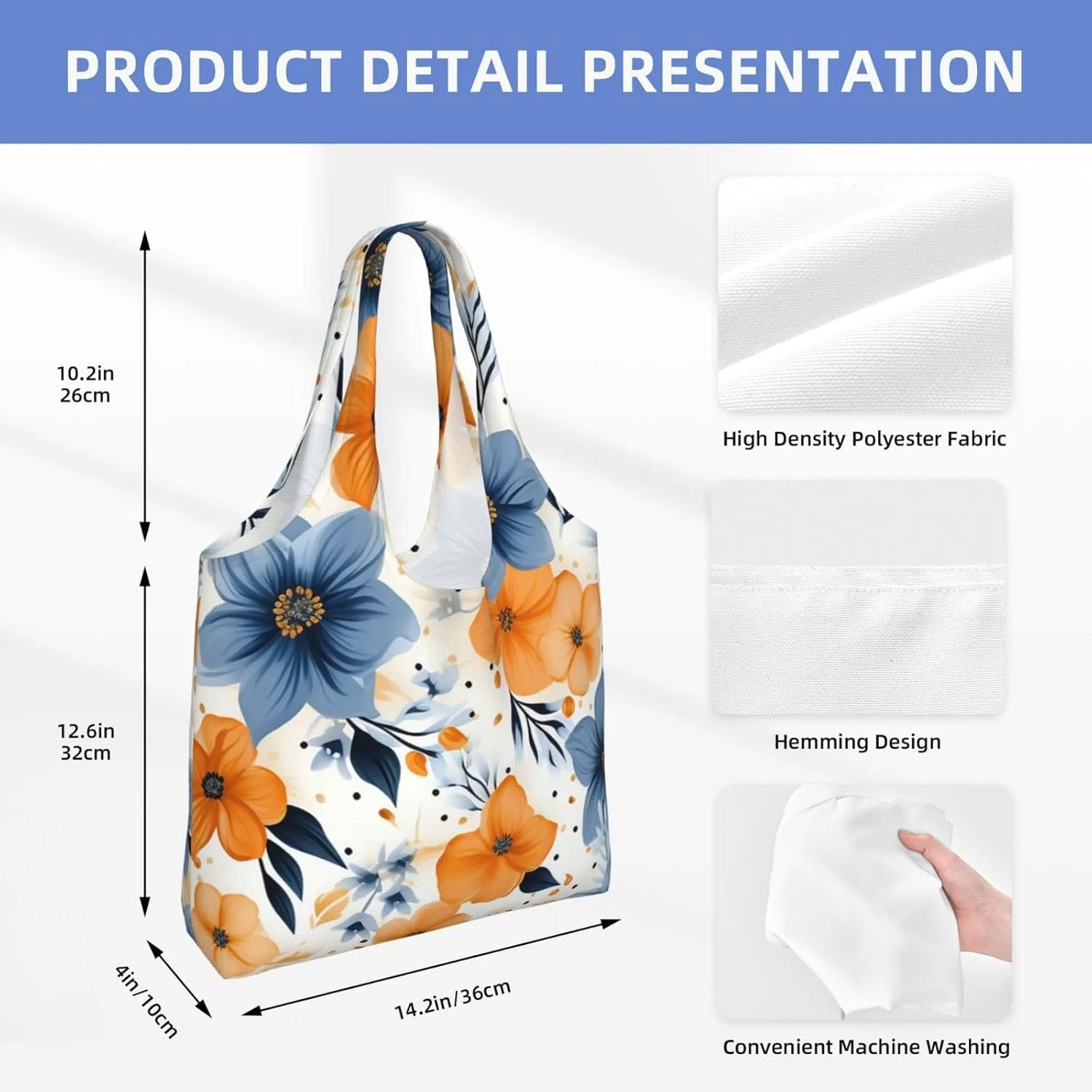 Canvas Tote Bag Reusable Grocery Bags Lightweight Handbag Blue and Orange Flowers Tote Bag for Shopping Cloth Bags
