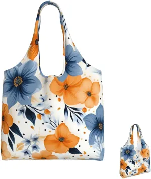 Canvas Tote Bag Reusable Grocery Bags Lightweight Handbag Blue and Orange Flowers Tote Bag for Shopping Cloth Bags