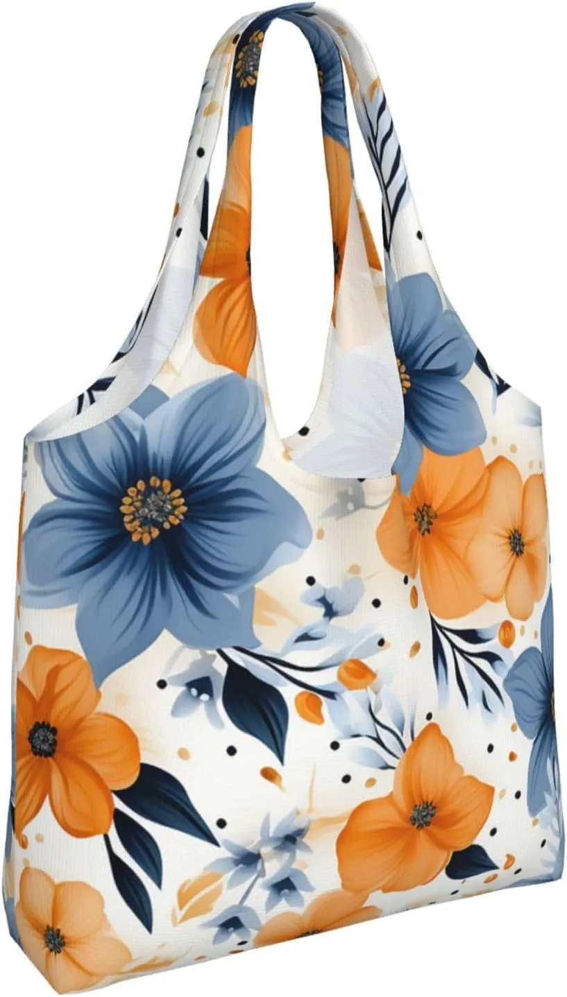 Canvas Tote Bag Reusable Grocery Bags Lightweight Handbag Blue and Orange Flowers Tote Bag for Shopping Cloth Bags