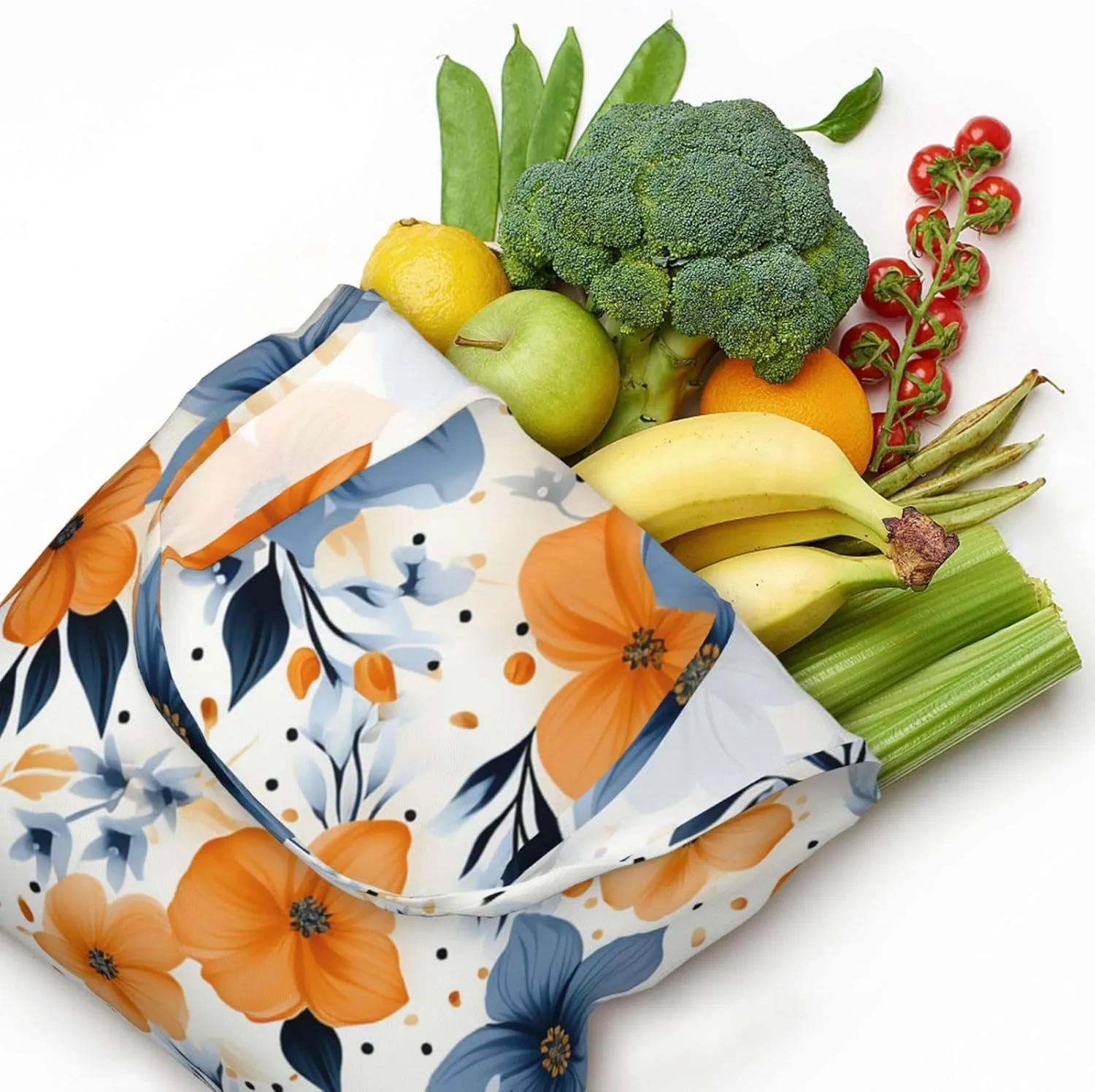 Canvas Tote Bag Reusable Grocery Bags Lightweight Handbag Blue and Orange Flowers Tote Bag for Shopping Cloth Bags