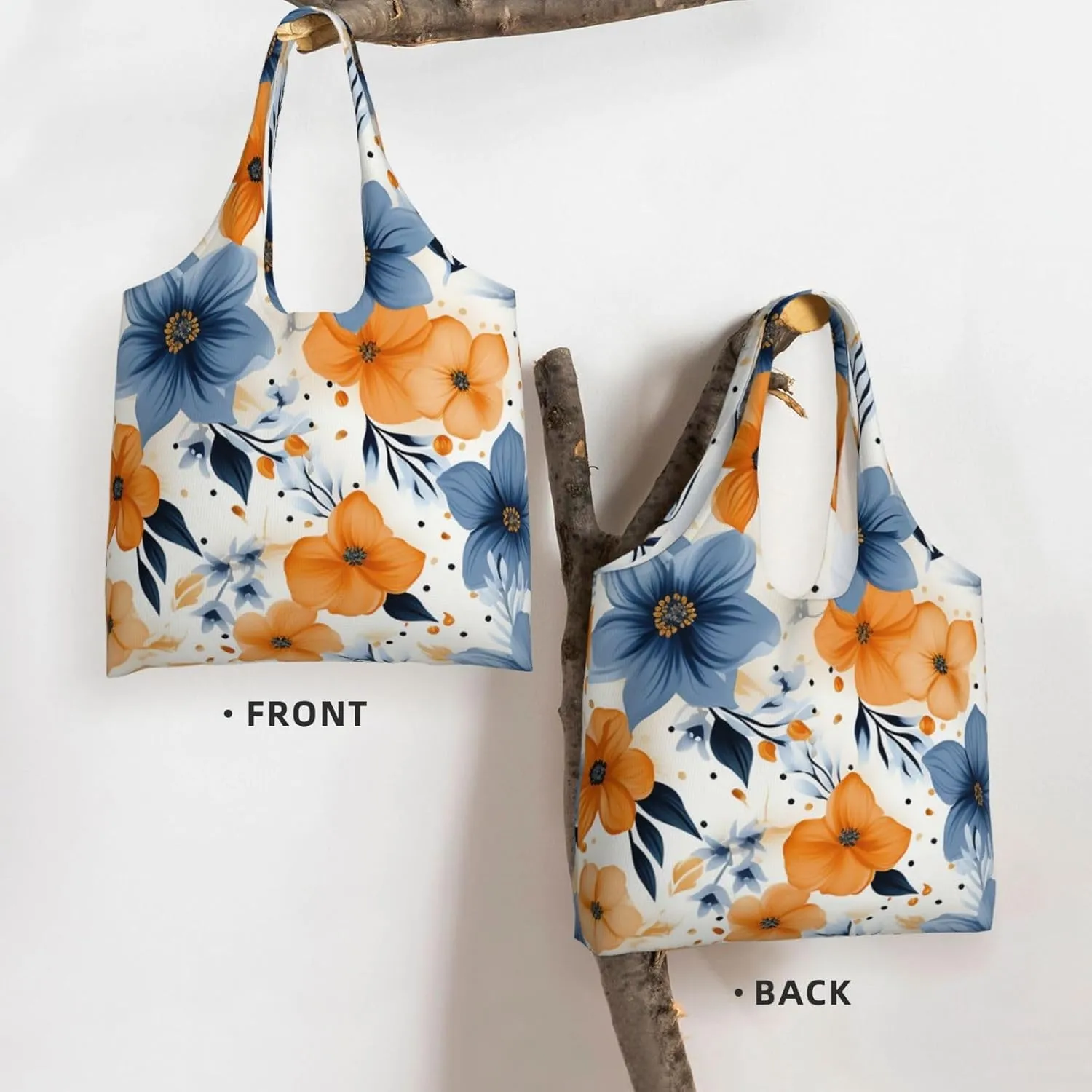 Canvas Tote Bag Reusable Grocery Bags Lightweight Handbag Blue and Orange Flowers Tote Bag for Shopping Cloth Bags