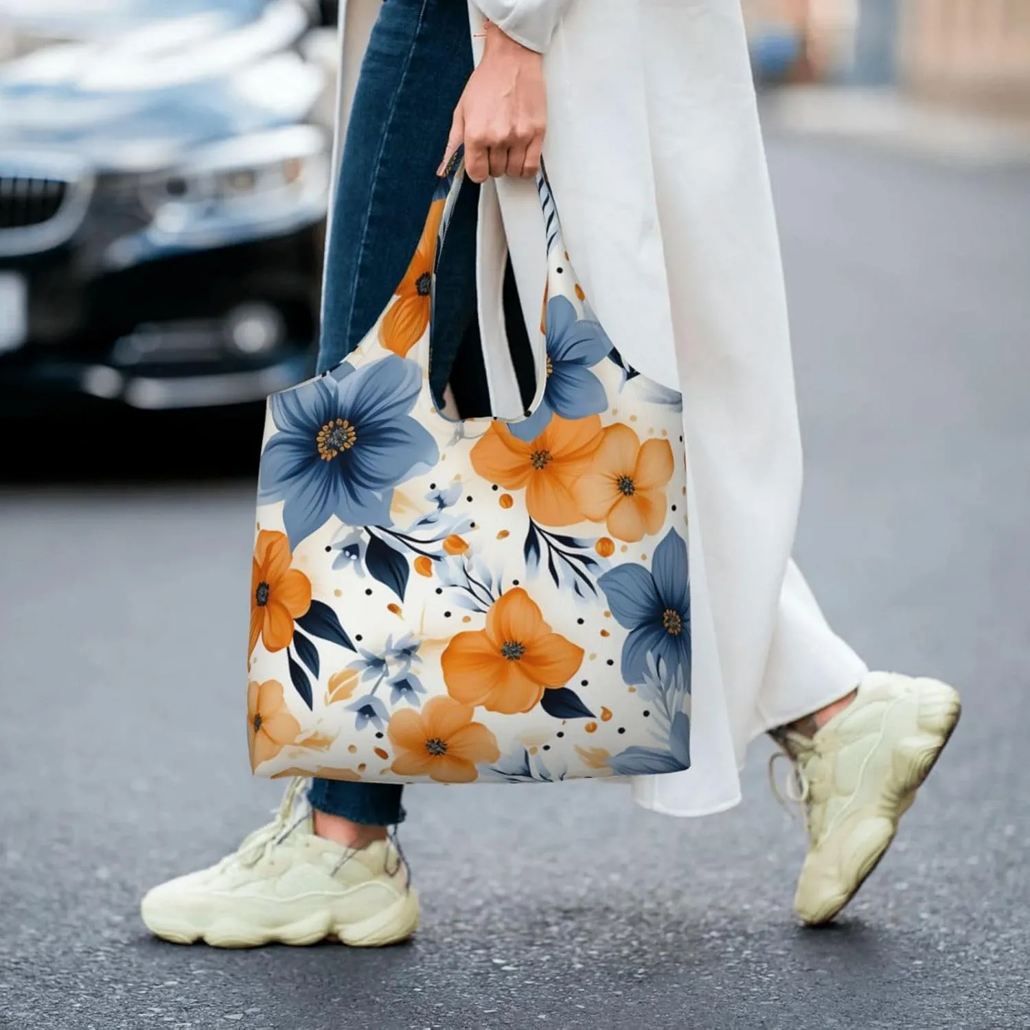 Canvas Tote Bag Reusable Grocery Bags Lightweight Handbag Blue and Orange Flowers Tote Bag for Shopping Cloth Bags