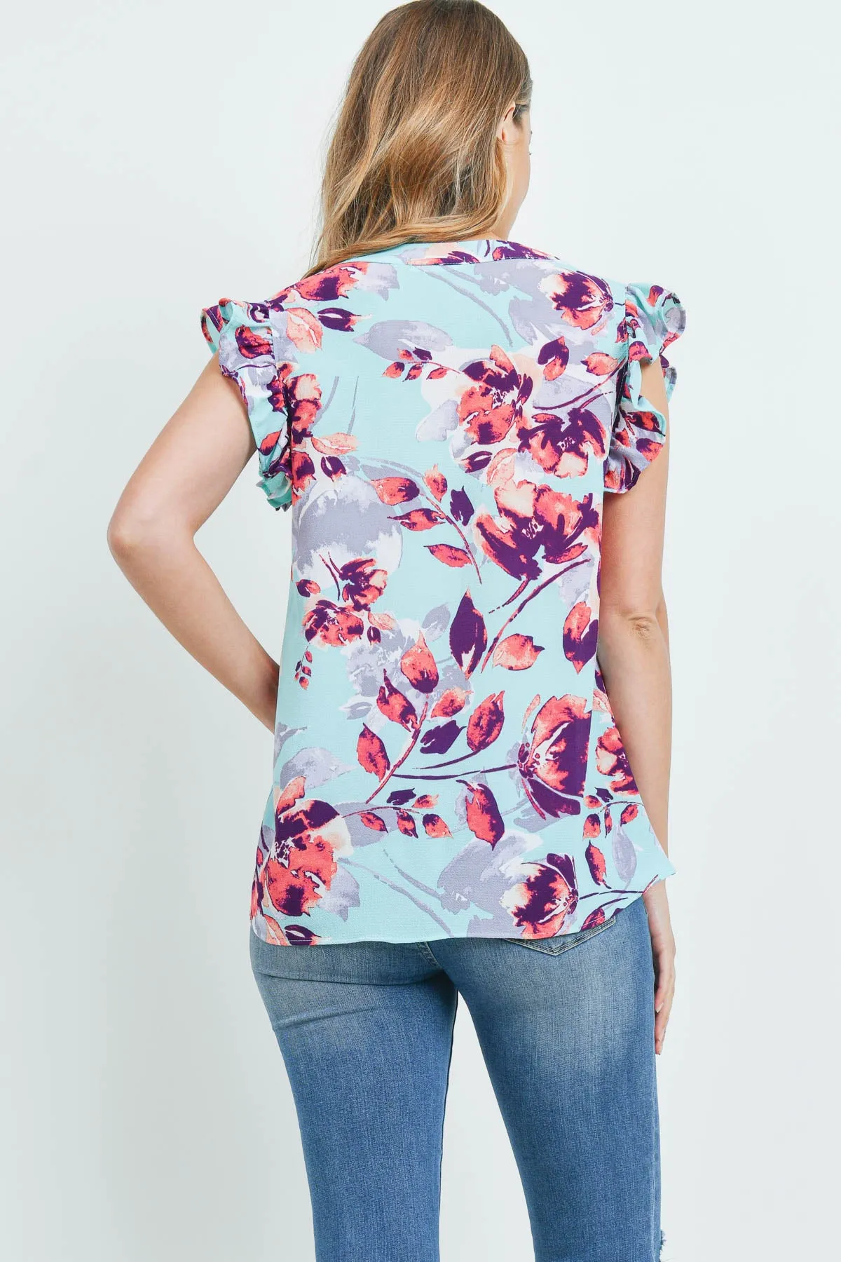 CAP RUFFLE SLEEVE NOTCH NECK BOLD FLORAL TOP 1-2-2-2