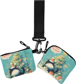 Cartoon Cute Cats Christmas Tree Women's Wallets Card Cases Slim Portable Wristlet Wallet Key Holder with Zipper Pocket for Daily Use 2 Packs