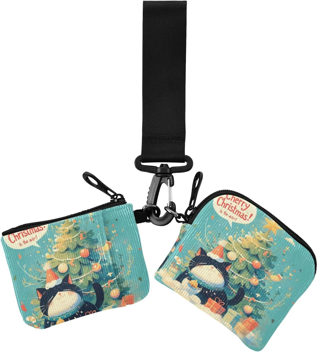 Cartoon Cute Cats Christmas Tree Women's Wallets Card Cases Slim Portable Wristlet Wallet Key Holder with Zipper Pocket for Daily Use 2 Packs