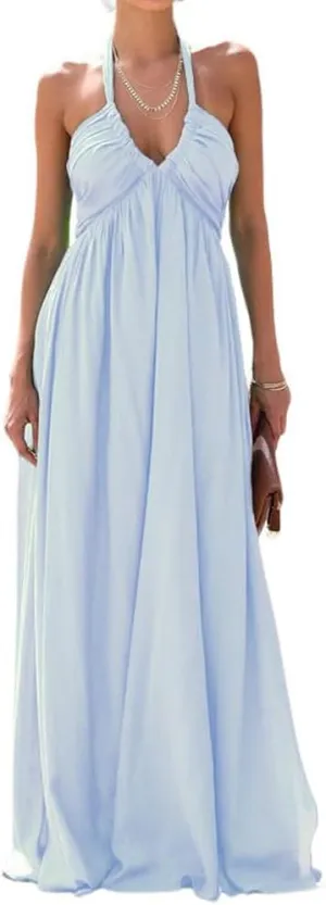 chouyatou Women's Summer Sexy Halter Neck Maxi Smocked Dress Empire Waist Swing Flowy Beach Sundress