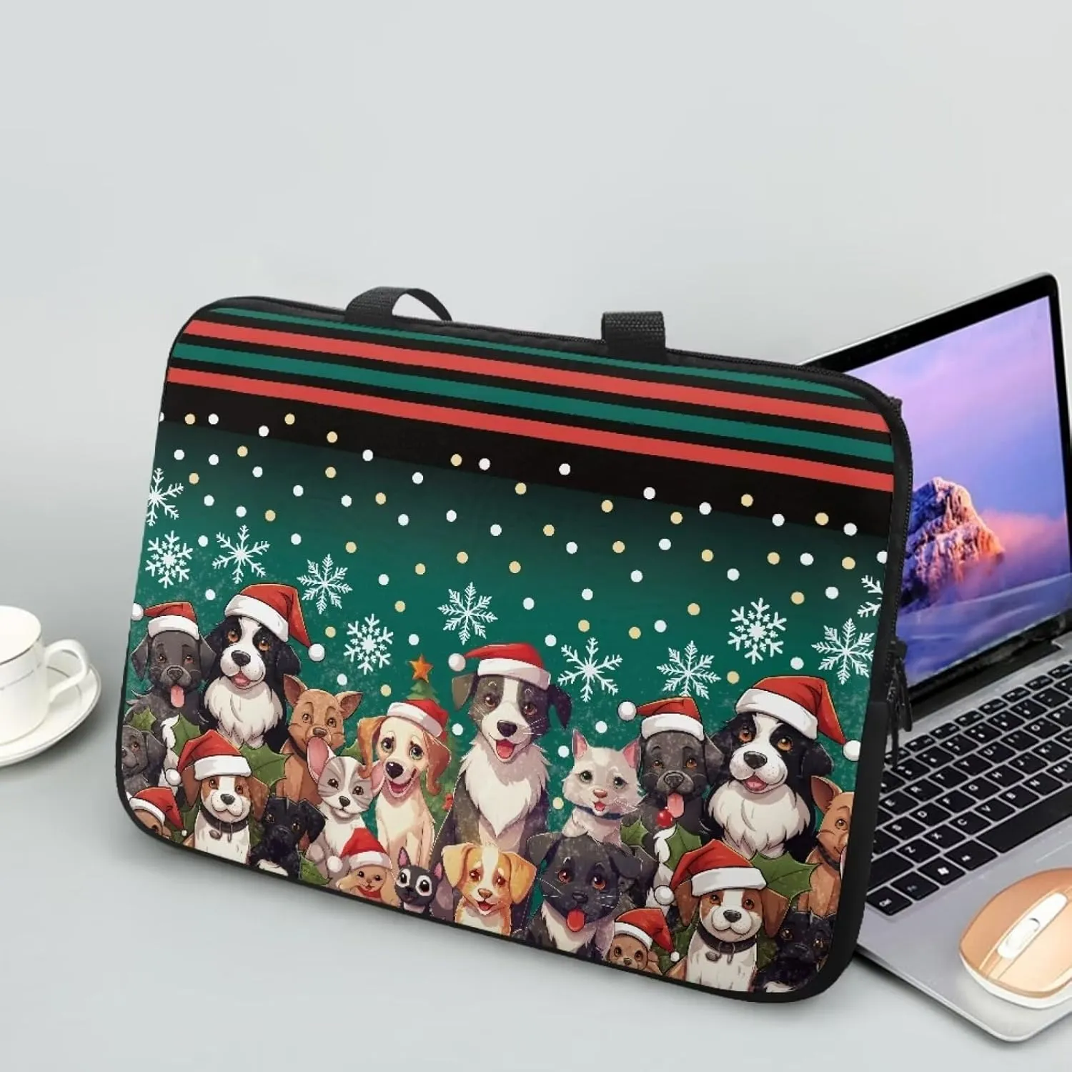 Christmas Dog Cat Hat Laptop Bag Computer Carrying Tablet Carrying Case Briefcases Notebook Cover Slim Laptop Cover for Women Laptop Tote