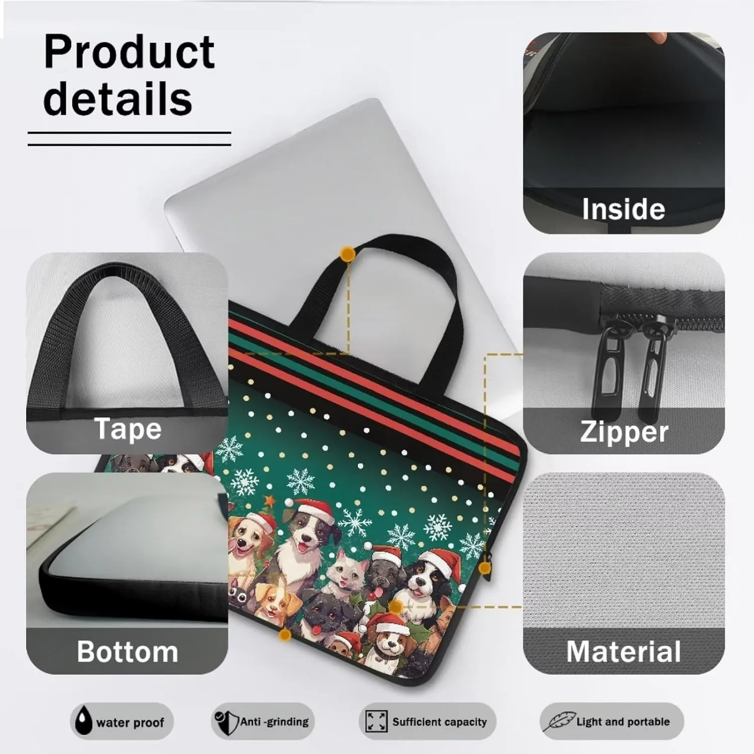 Christmas Dog Cat Hat Laptop Bag Computer Carrying Tablet Carrying Case Briefcases Notebook Cover Slim Laptop Cover for Women Laptop Tote