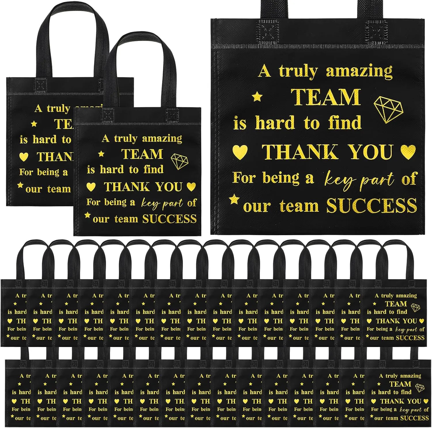 Clysee 50 Pcs Thank You Gift Bag Small Employee Appreciation Gift Bags Bulk with Handle Black Gold Inspirational Wedding Party Favor 8 x 8 Inch for Women Party Volunteer(Thanks)