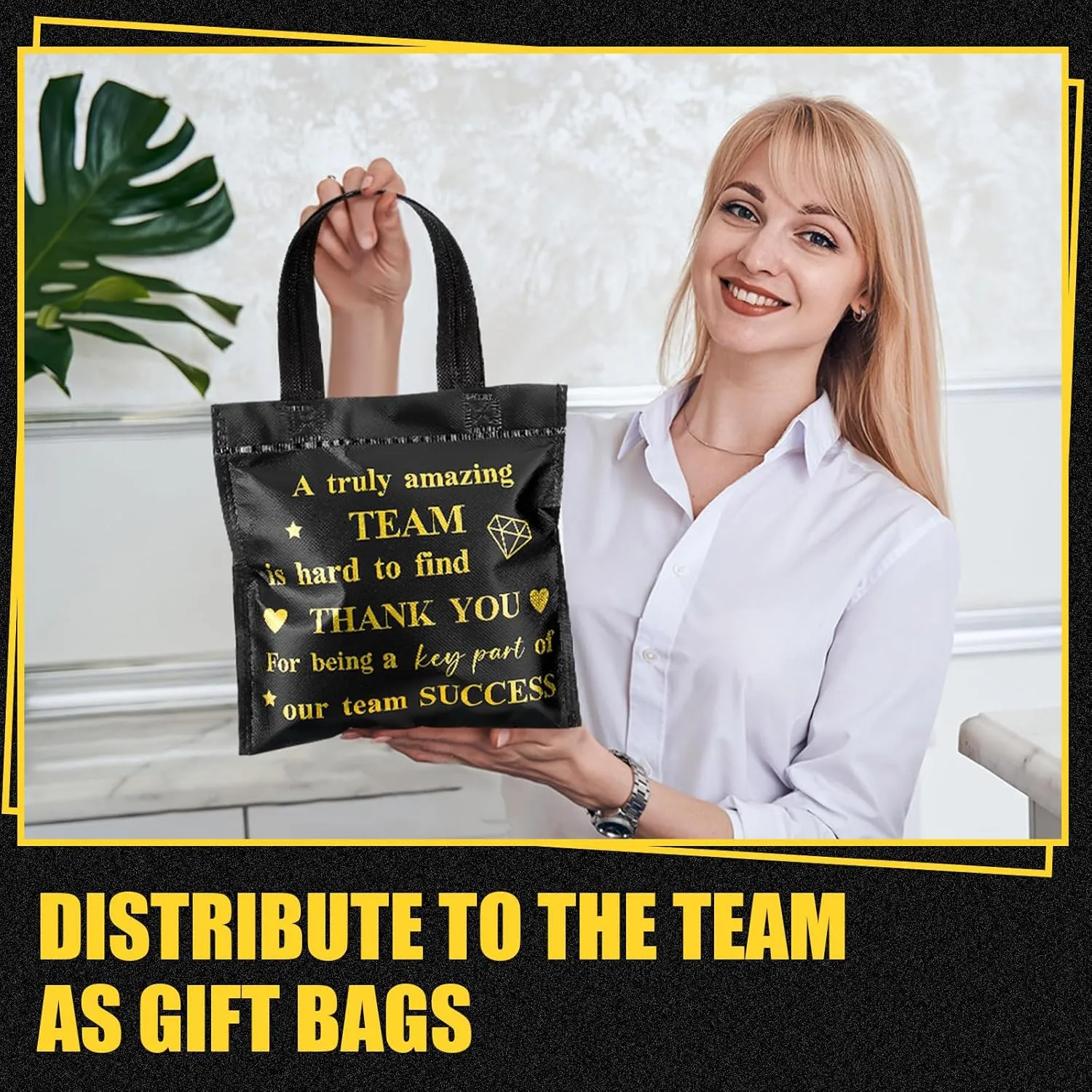 Clysee 50 Pcs Thank You Gift Bag Small Employee Appreciation Gift Bags Bulk with Handle Black Gold Inspirational Wedding Party Favor 8 x 8 Inch for Women Party Volunteer(Thanks)