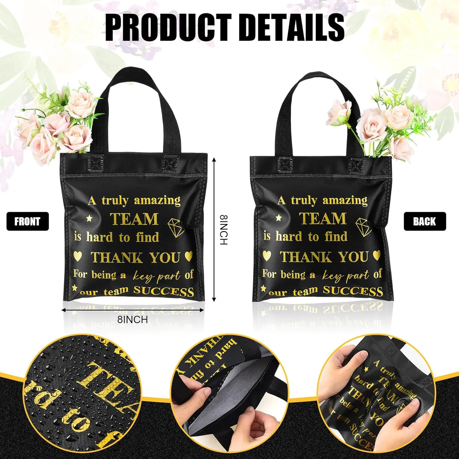 Clysee 50 Pcs Thank You Gift Bag Small Employee Appreciation Gift Bags Bulk with Handle Black Gold Inspirational Wedding Party Favor 8 x 8 Inch for Women Party Volunteer(Thanks)