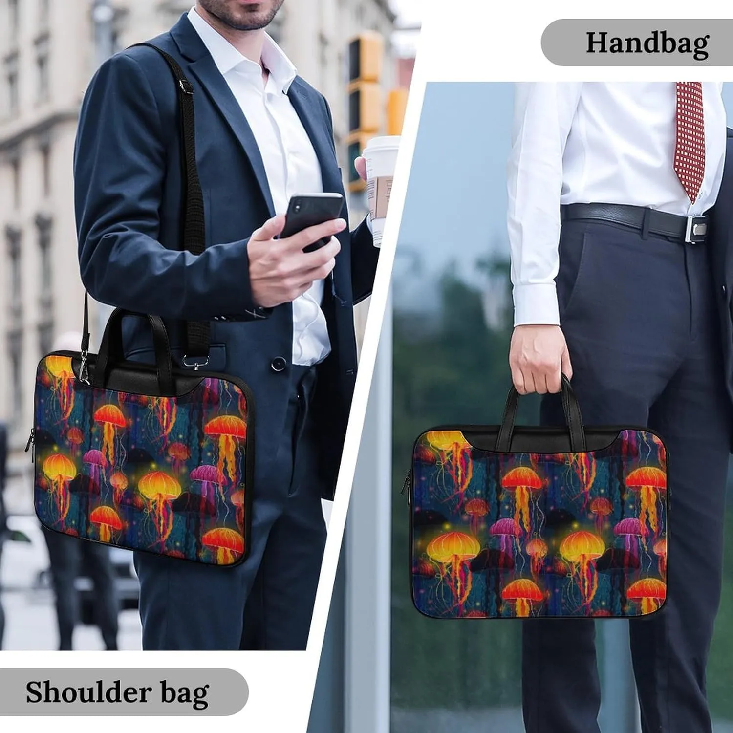 Colorful Jellyfish Pattern Leather Bag Laptop Case Slim Water Resistant Computer Bags with Handle Briefcase for Work