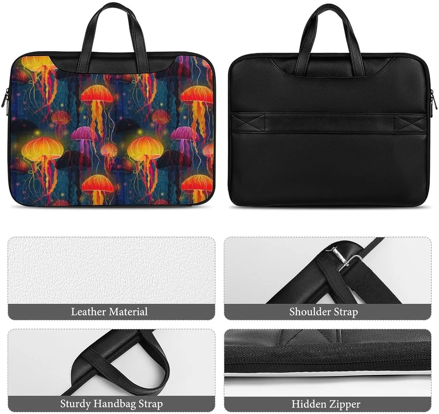 Colorful Jellyfish Pattern Leather Bag Laptop Case Slim Water Resistant Computer Bags with Handle Briefcase for Work