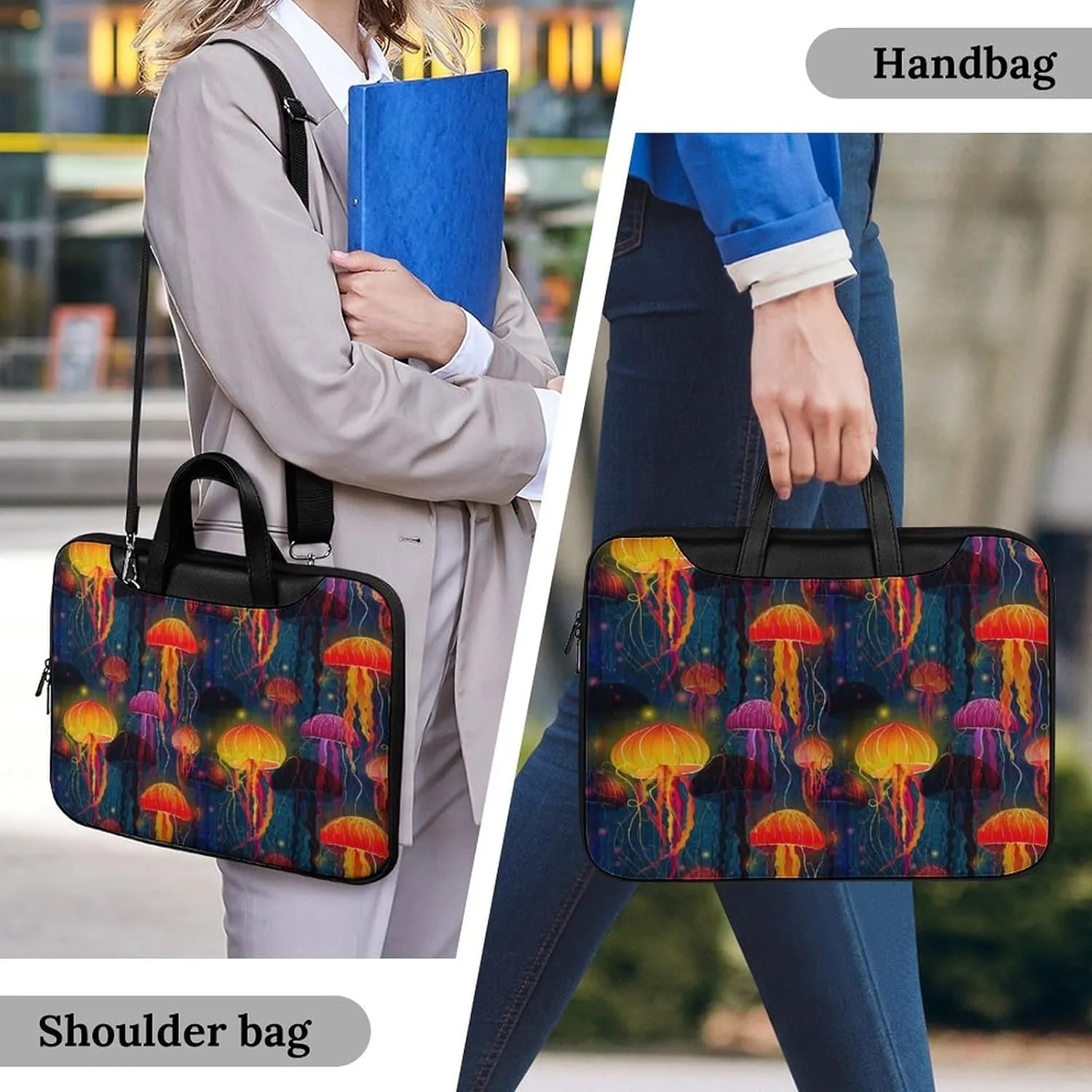 Colorful Jellyfish Pattern Leather Bag Laptop Case Slim Water Resistant Computer Bags with Handle Briefcase for Work