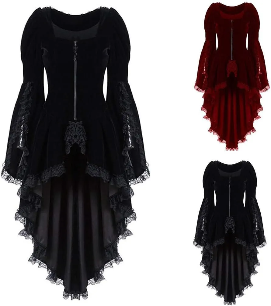 cooki Medieval Dress for Women Plus Size Blazer Jackets Gothic Dress Coat High Low Lace Bandage Long Trench Coats Outwears