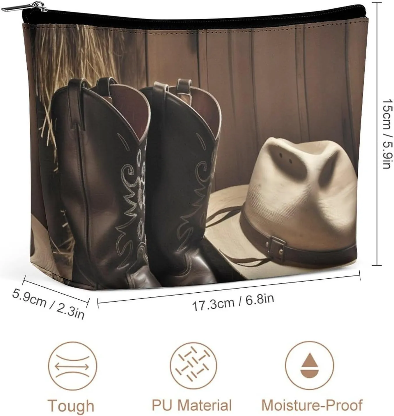 Cowboy Black Hat Western Boots Cosmetic Bag Portable Toiletry Bag Large Capacity Travel Makeup Bags Beauty Makeup Organizer for Full-Sized Shampoo Conditioner Brushes Set Makeup Accessories